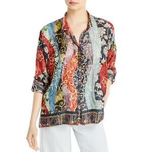 Nwot JOHNNY WAS Top 3X Silk Floral Patchwork-Print Crochet Slit ButtonUp Long-Sl